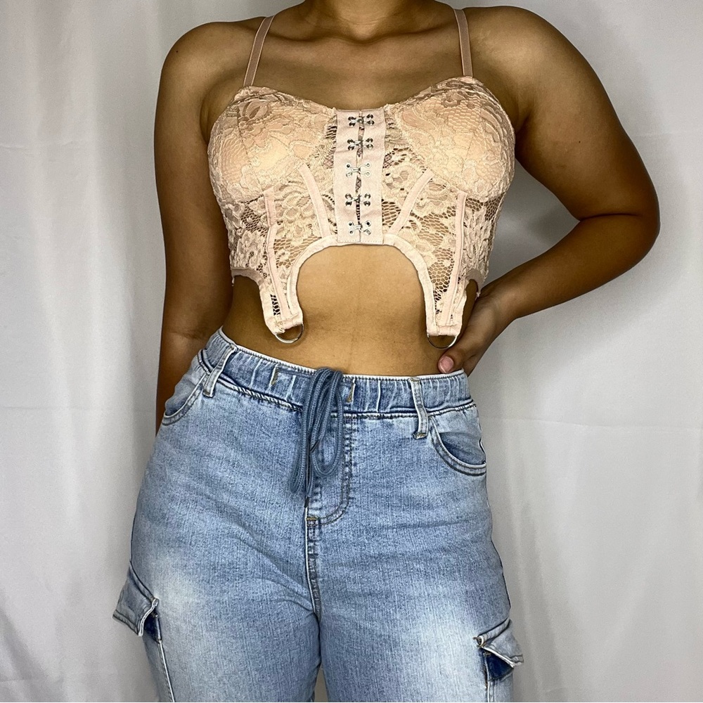 Pink Beige Lace Crop Top